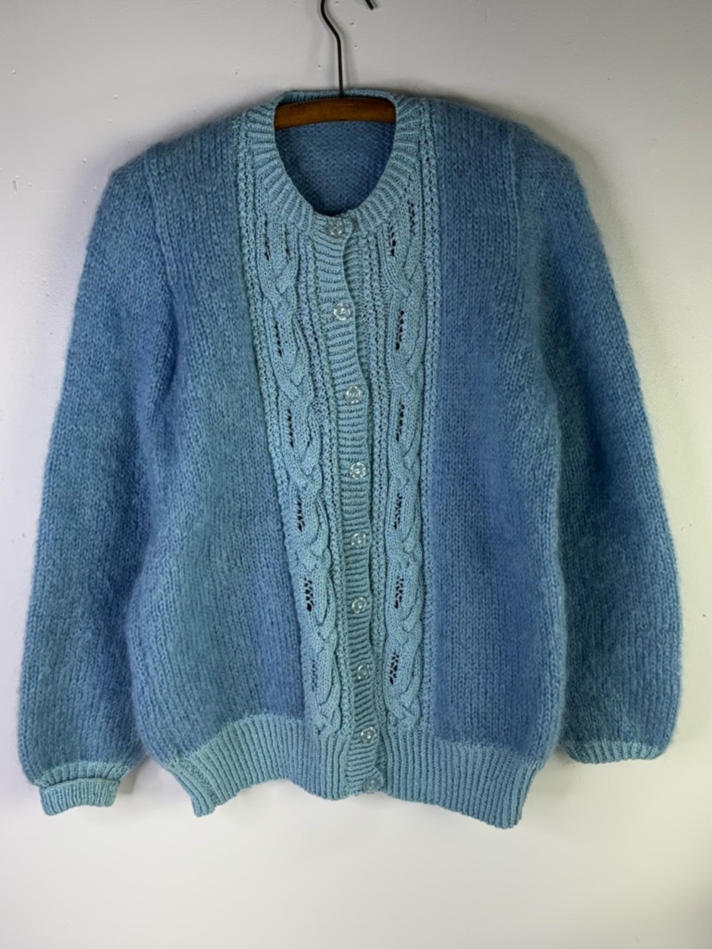 Vintage Blue Mohair Cable Knit Oversized Cardigan cable knit Large